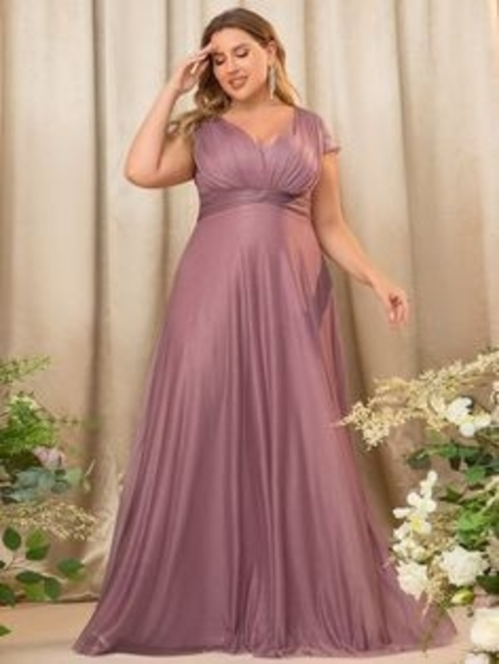 Ever Pretty Mauve Pleated V-Neck Maxi Dress